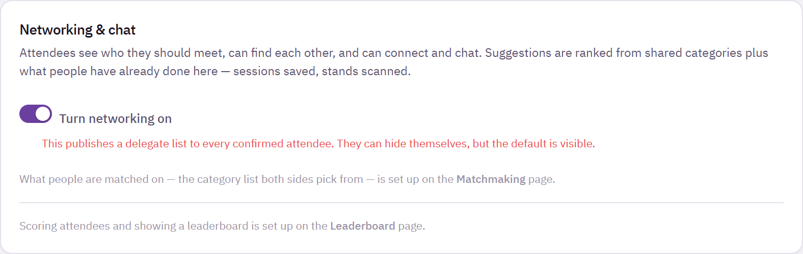 Networking and chat page with the switch to turn networking on