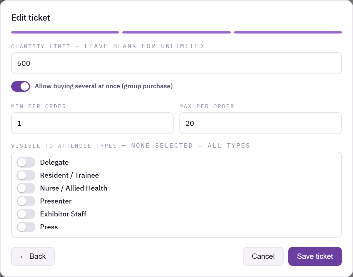 Ticket panel with the group purchase option and the minimum and maximum per order