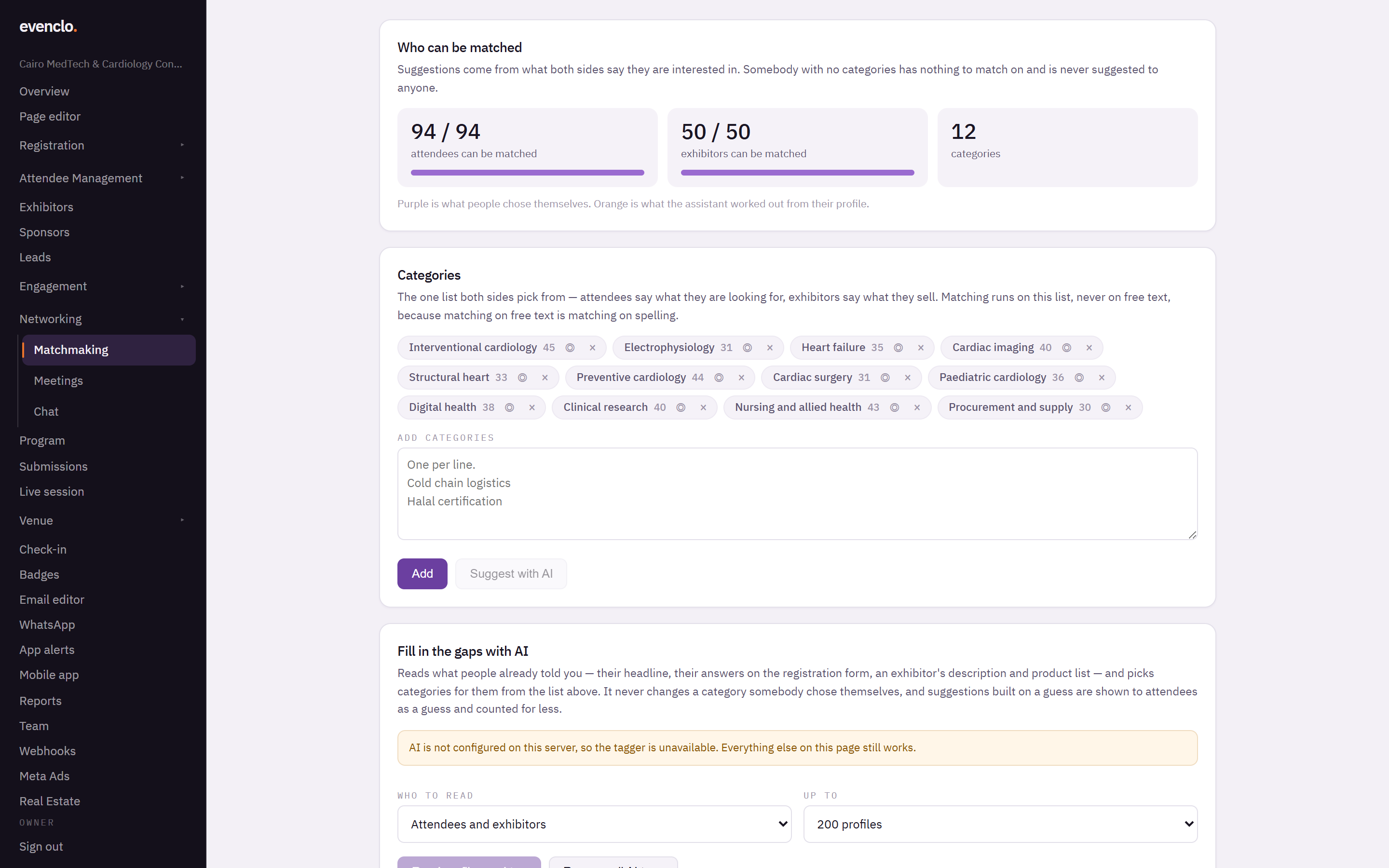 Matchmaking page with coverage numbers, the category list and the AI tagging panel