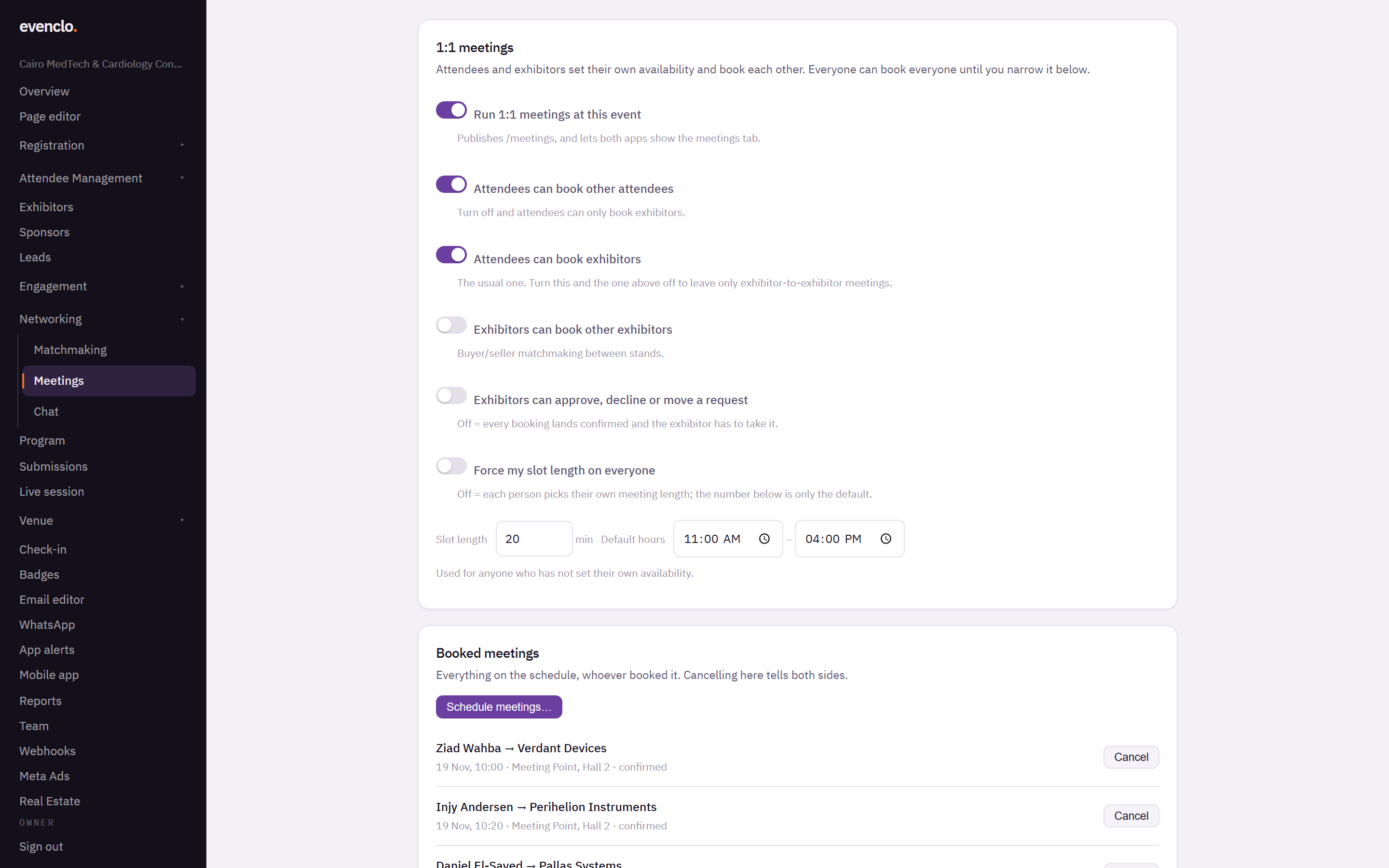 Meetings page with the switches, slot length and default hours, and the booked meetings list