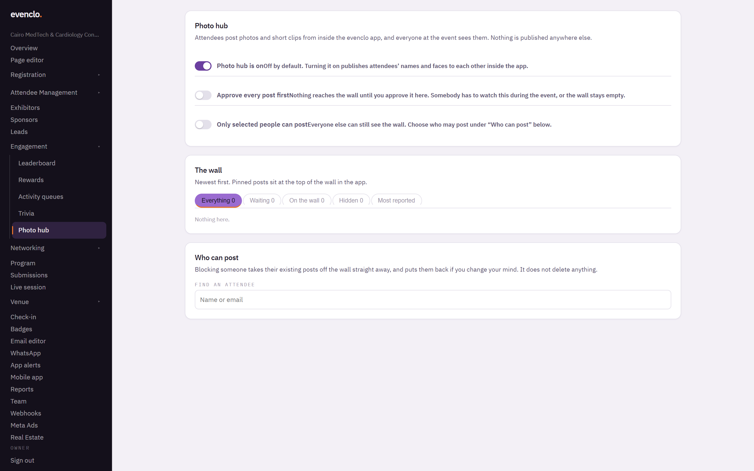 Photo hub page with the switches, the wall filters and the who can post search