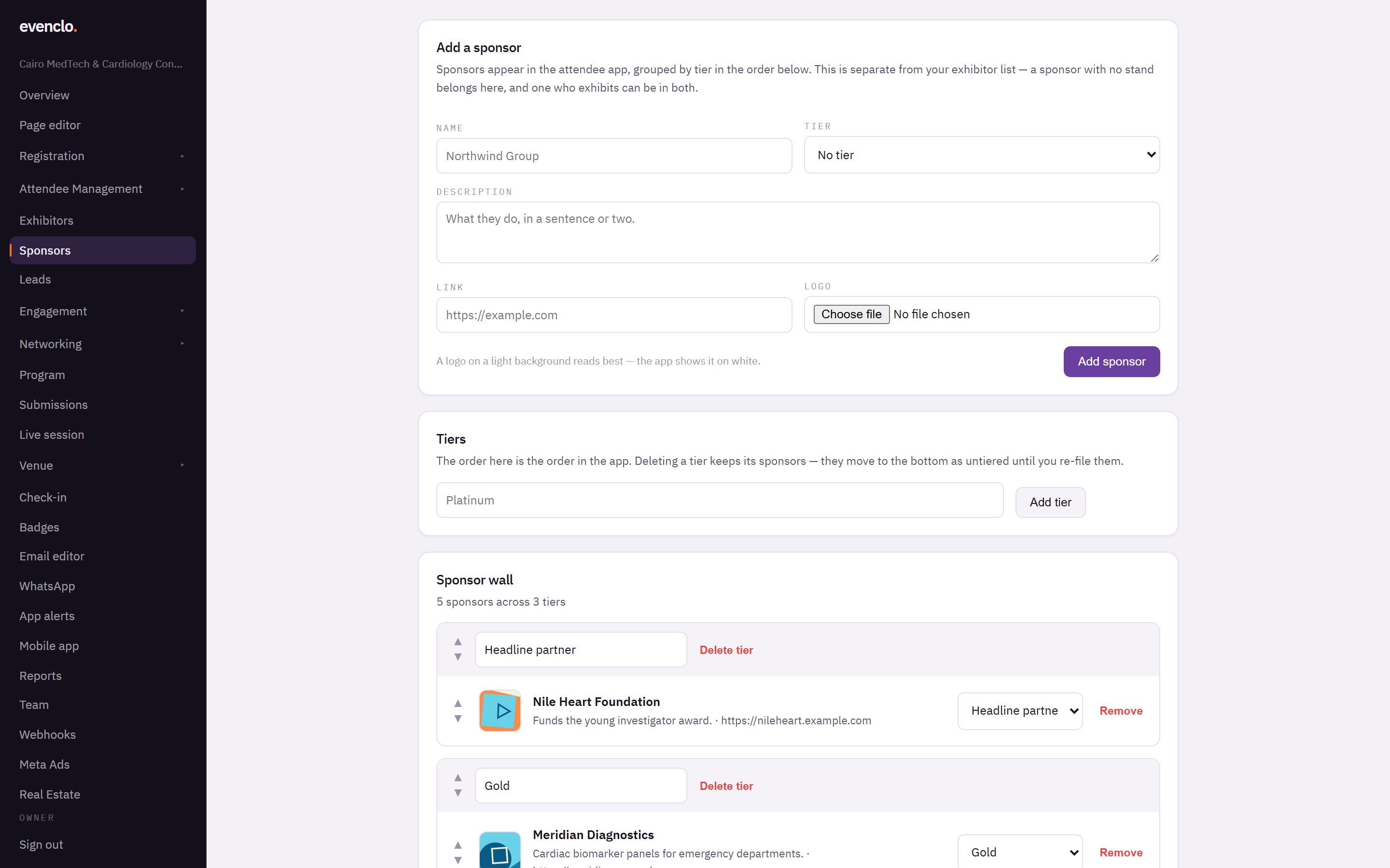 Sponsors page with the add sponsor form, the tiers and the sponsor wall