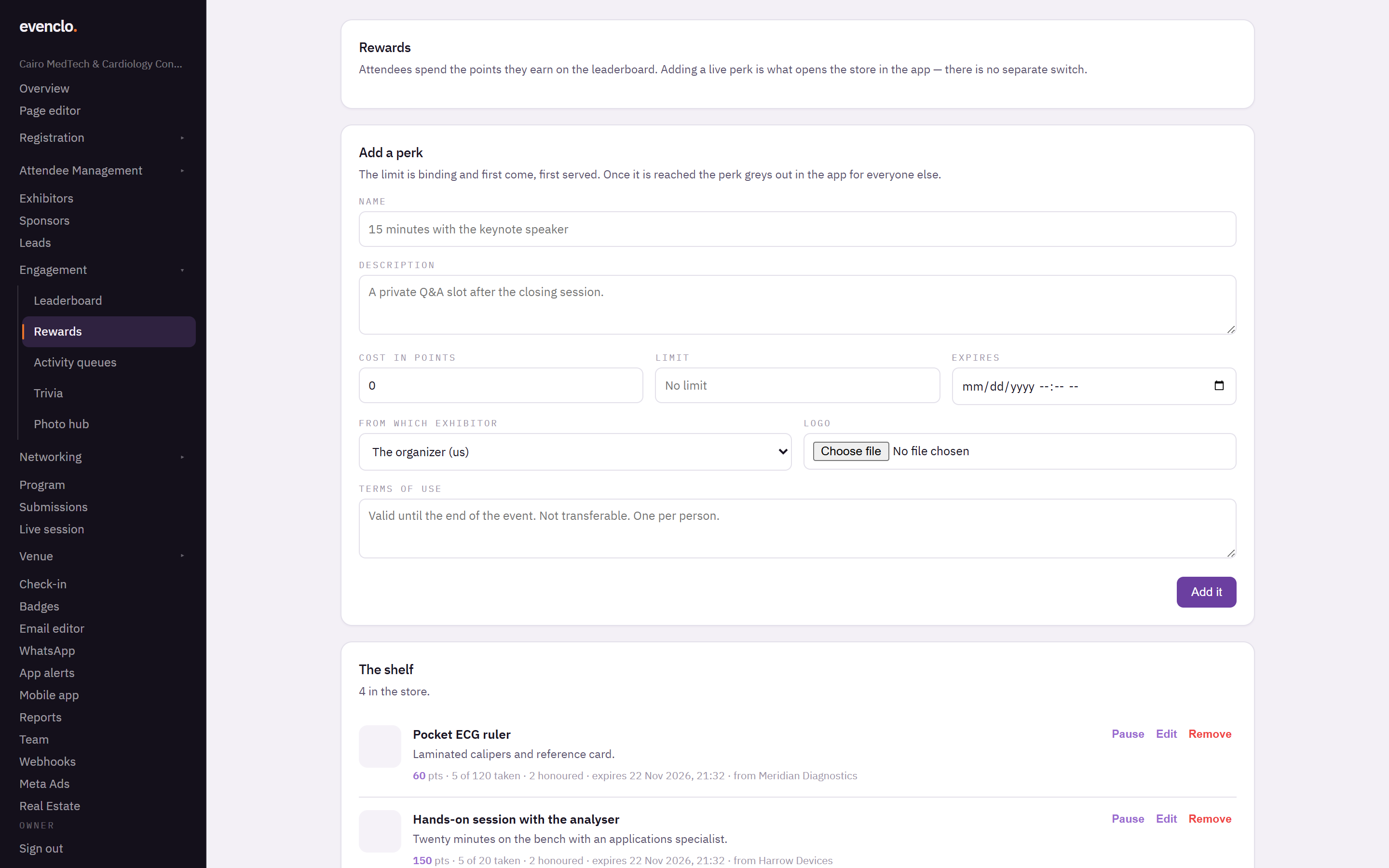 Rewards page with the add a perk form and the shelf of live perks