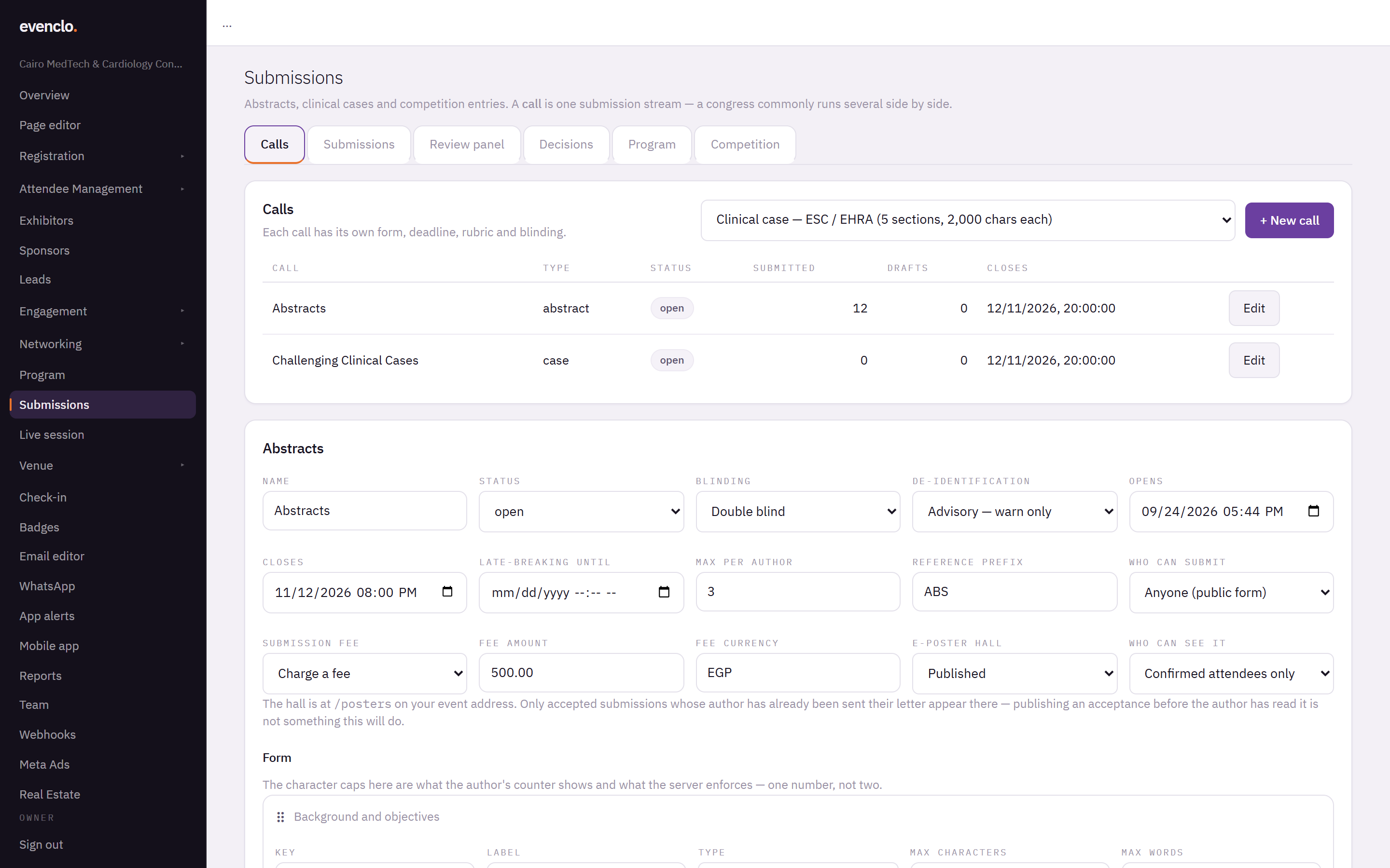 Calls tab with two open calls and the call editor showing deadlines, blinding, fee and form fields