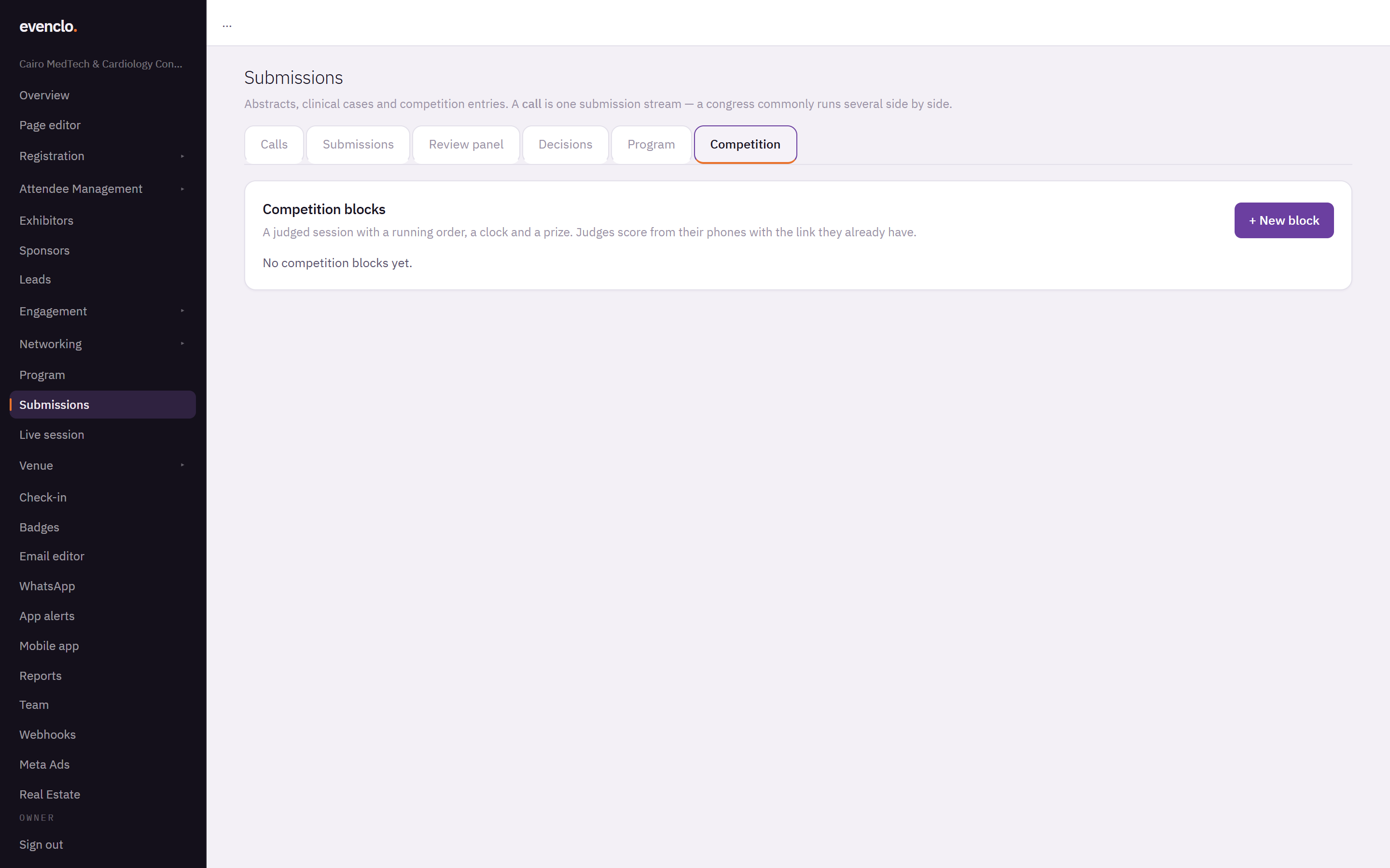 Competition tab with the button to add a new block