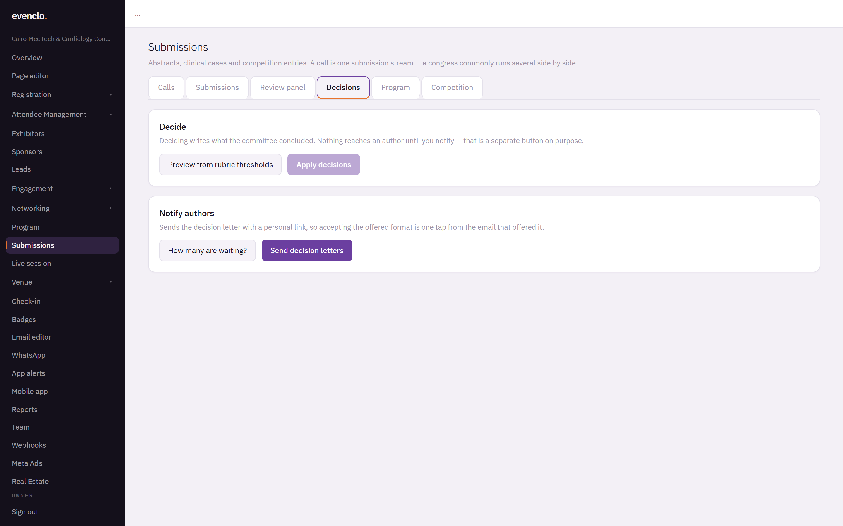 Decisions tab with the decide and notify panels