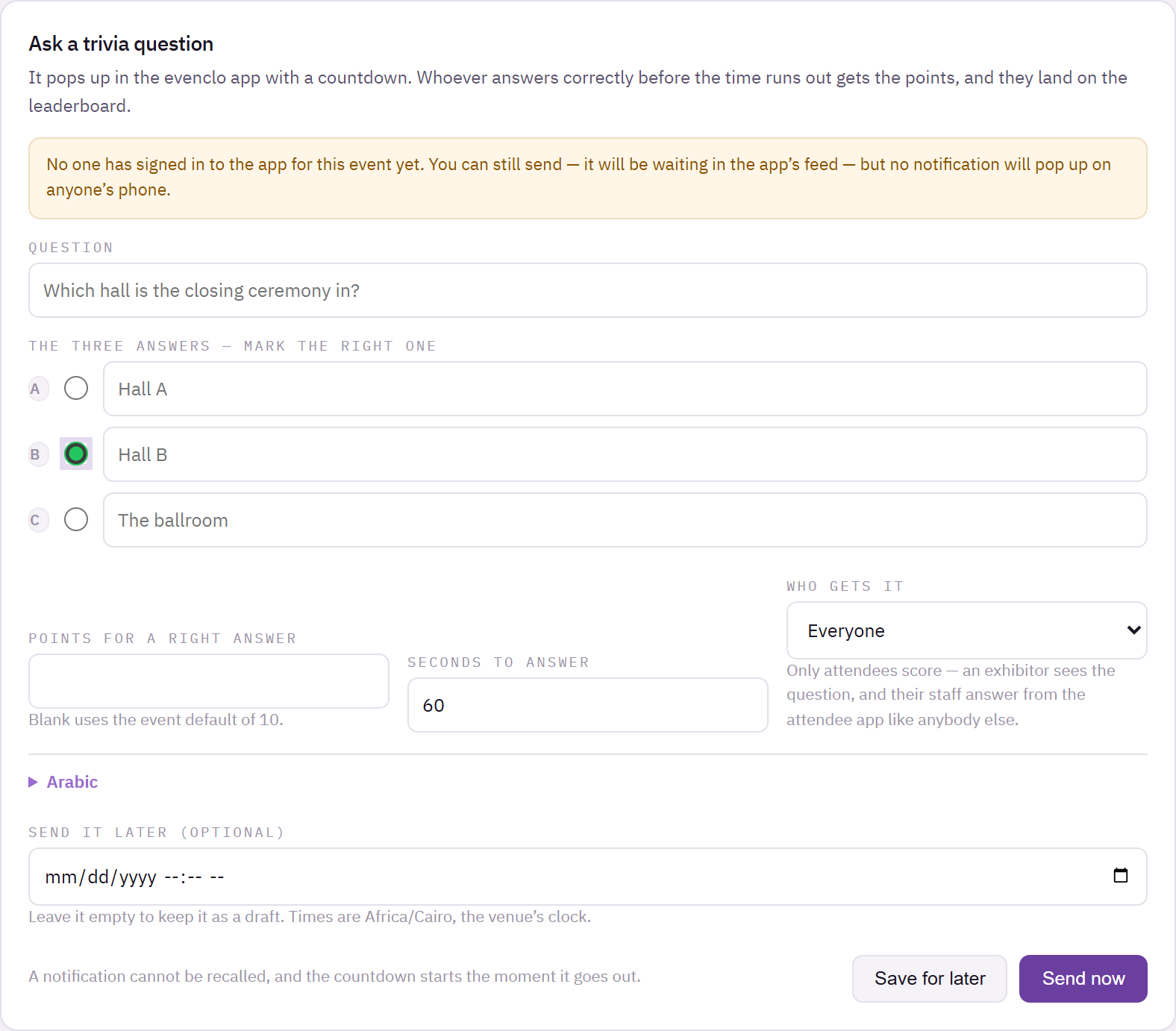 Trivia page with a question, three answers with the right one marked, points and countdown settings