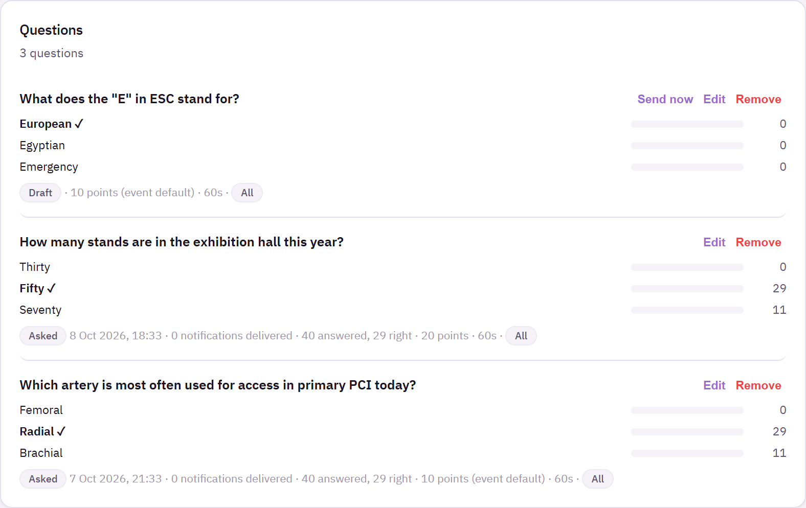 Questions list showing sent questions with answer counts and a saved draft