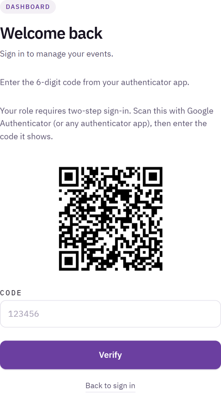 Sign-in screen asking for the 6-digit code, with the QR code to scan the first time