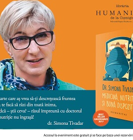 „Medicină, nutriție și bună dispoziție“ cu Simona Tivadar și Iulian Tănase duminică, 10 decembrie, ora 17.00, la Librăria Humanitas de la Cișmigiu