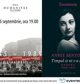 Despre Annie Bentoiu și „Timpul ce ni s-a dat. 1944-1959“  – un veritabil manual de istorie – viu, pasionant – a acelor vremuri joi, 26 septembrie, ora 19, la Librăria Humanitas de la Cișmigiu