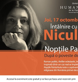 Întâlnire cu Tatiana Niculescu despre romanul „Nopțile Patriarhului. După o poveste de viață adevărată“ joi, 17 octombrie, ora 19.00, la Librăria Humanitas de la Cișmigiu  – prezentare, lectură publică și sesiune de autografe