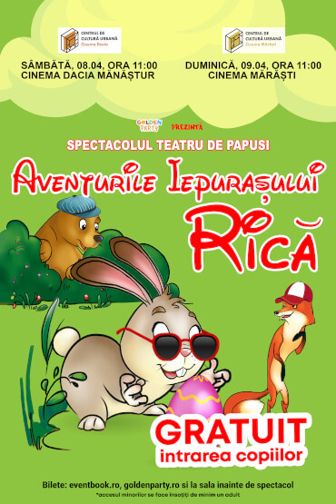 Aventurile Iepurașului Rică – Cluj - Spectacol de Paște Teatru de păpuși cu marionete, mascote si actori