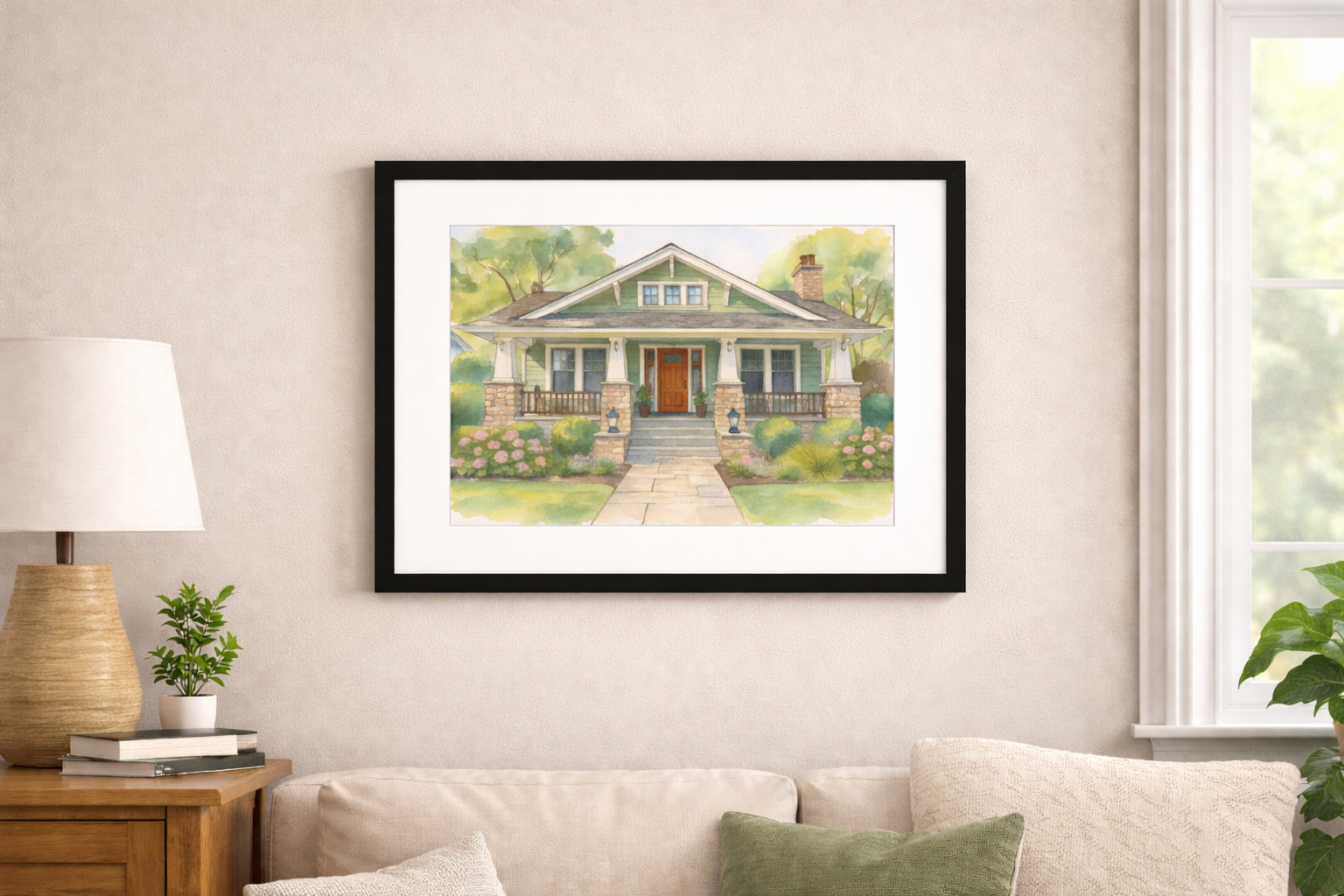 A framed watercolor print ready to hang