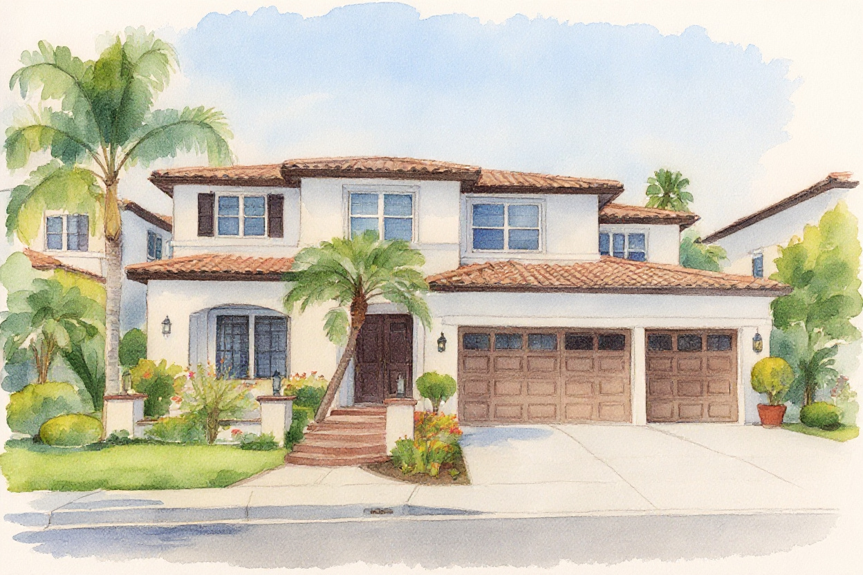 Watercolor artwork of a Mediterranean home