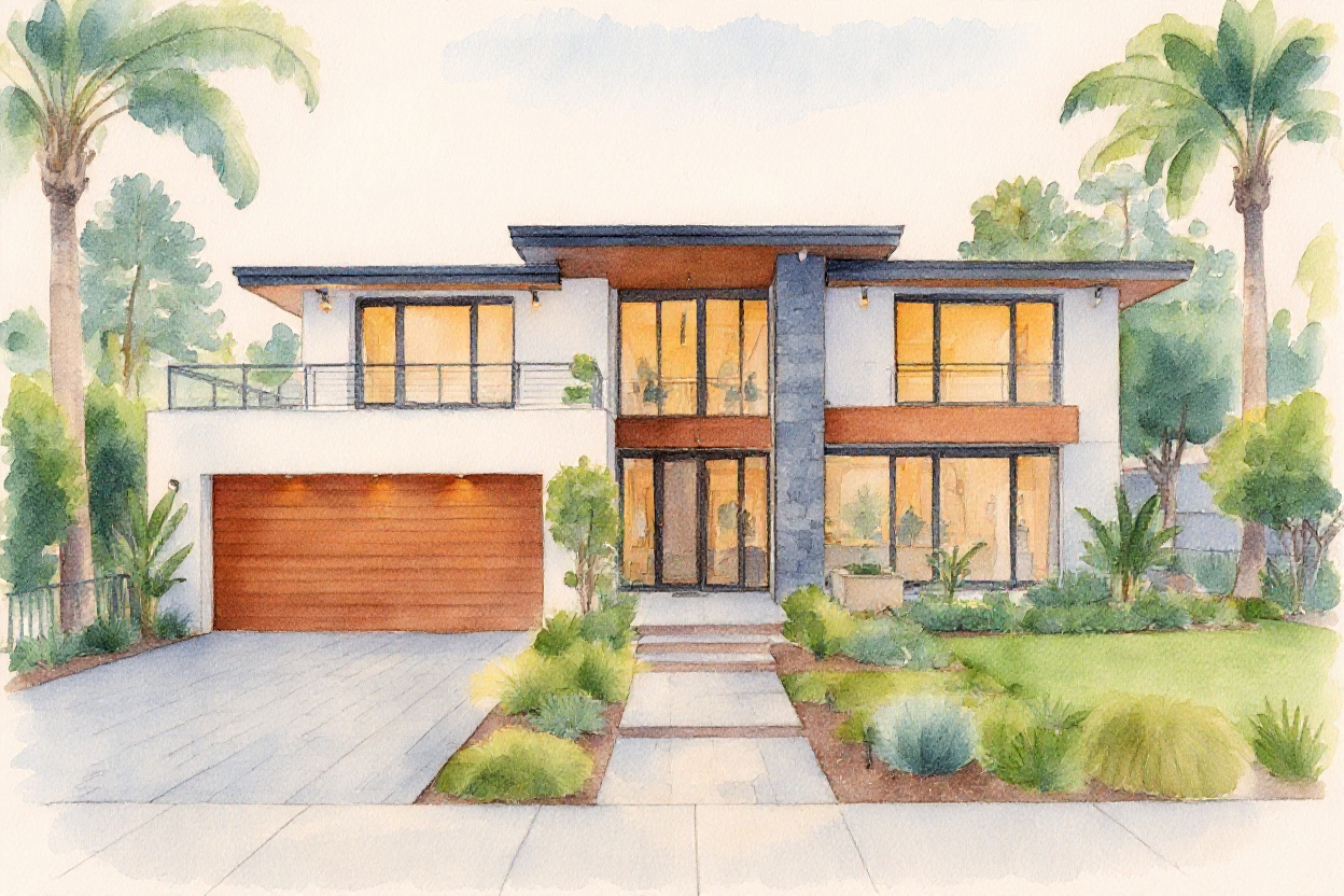 Watercolor artwork of a modern home