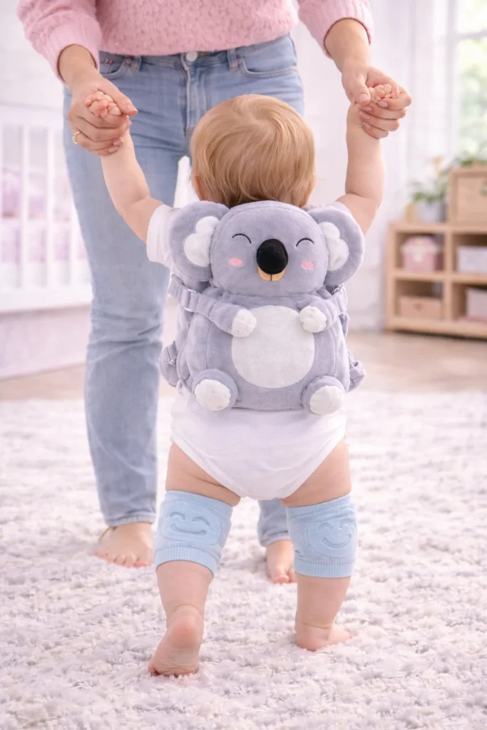 Bebé dando pasitos con ayuda usando el protector