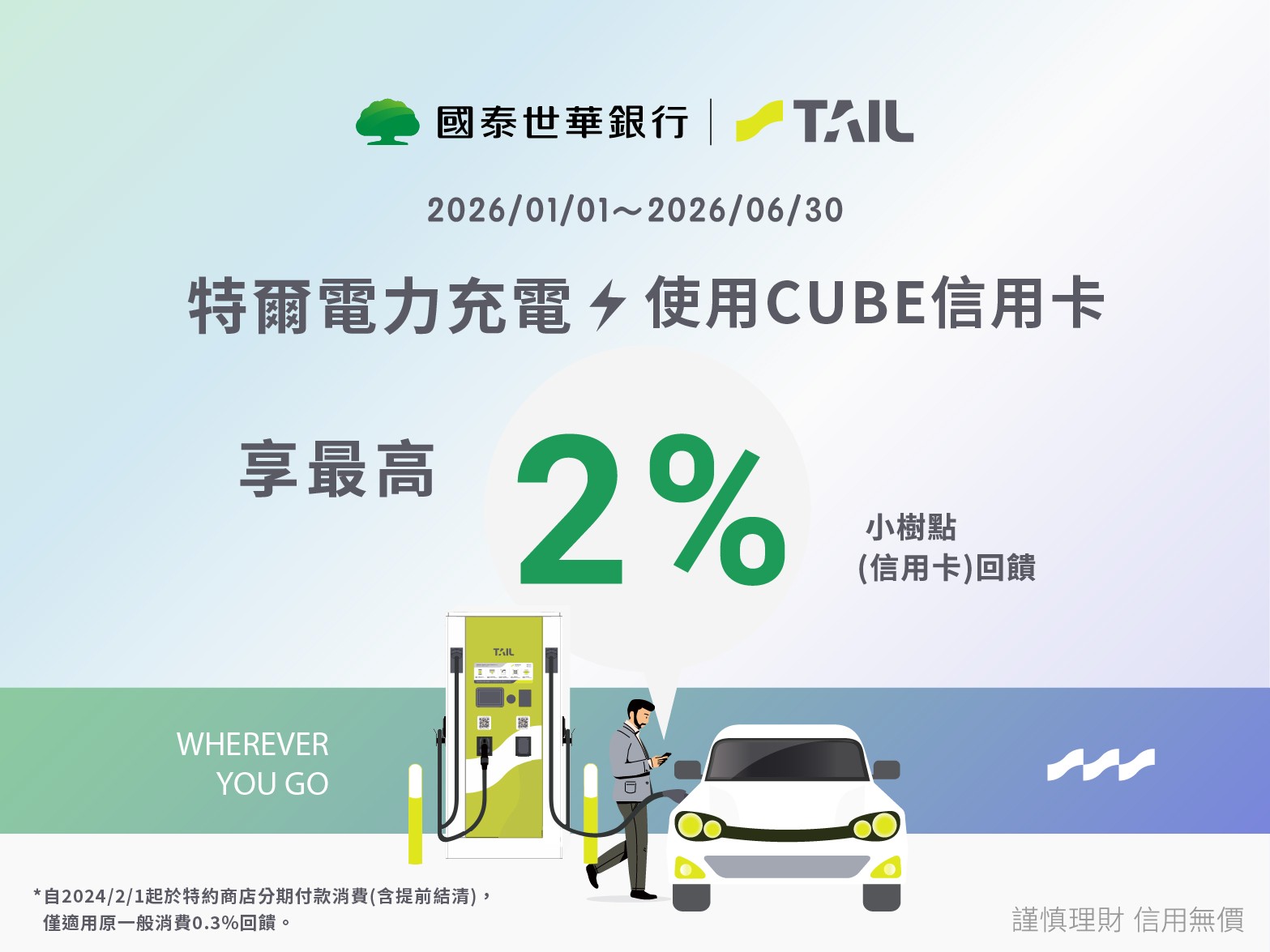 特爾電力 X 國泰世華 充電用CUBE信用卡享2%小樹點(信用卡)回饋