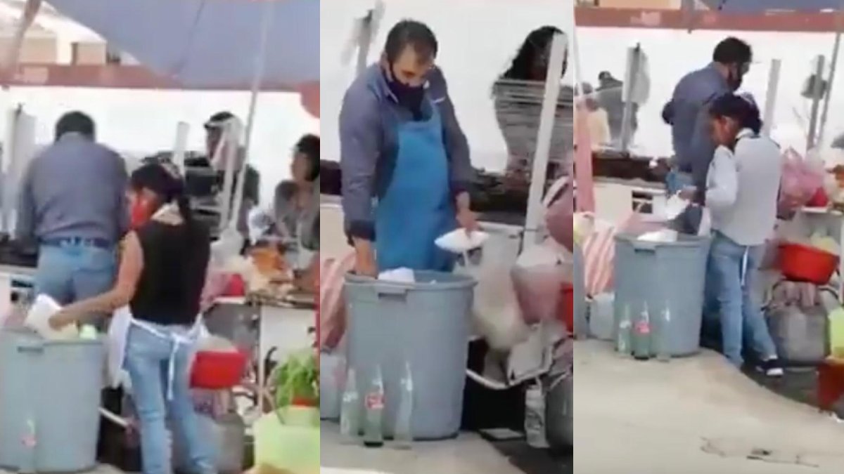 Captan a taqueros sacando platos de la basura para limpiarlos y reutilizarlos