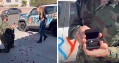 ¿Le dijo que sí? Soldado le pide matrimonio a su novia ¡Rayándole el carro!