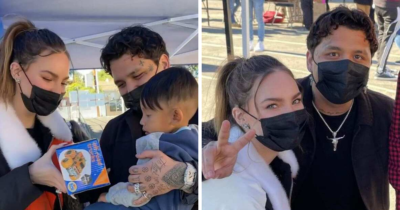 Belinda y Christian Nodal reparten regalos a niños en Los Ángeles