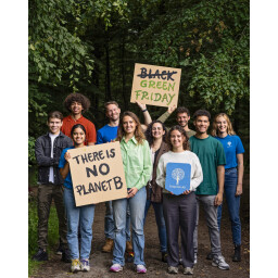 een groep mensen met bomen op de achtergrond, die kartonnen borden omhoog houden met de teksten "There is no planet B" en "Green Friday"