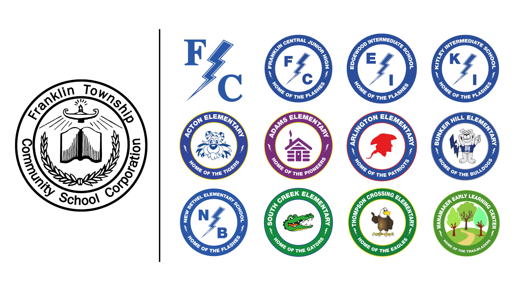 Before: the old district seal and old elementary school identities.