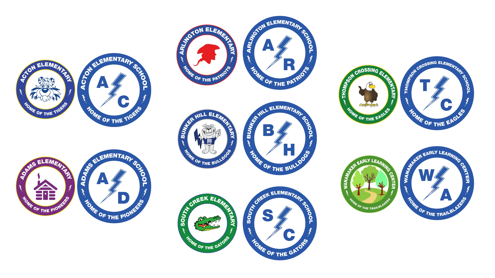 Previous elementary school identities, all using the same blue bolt.
