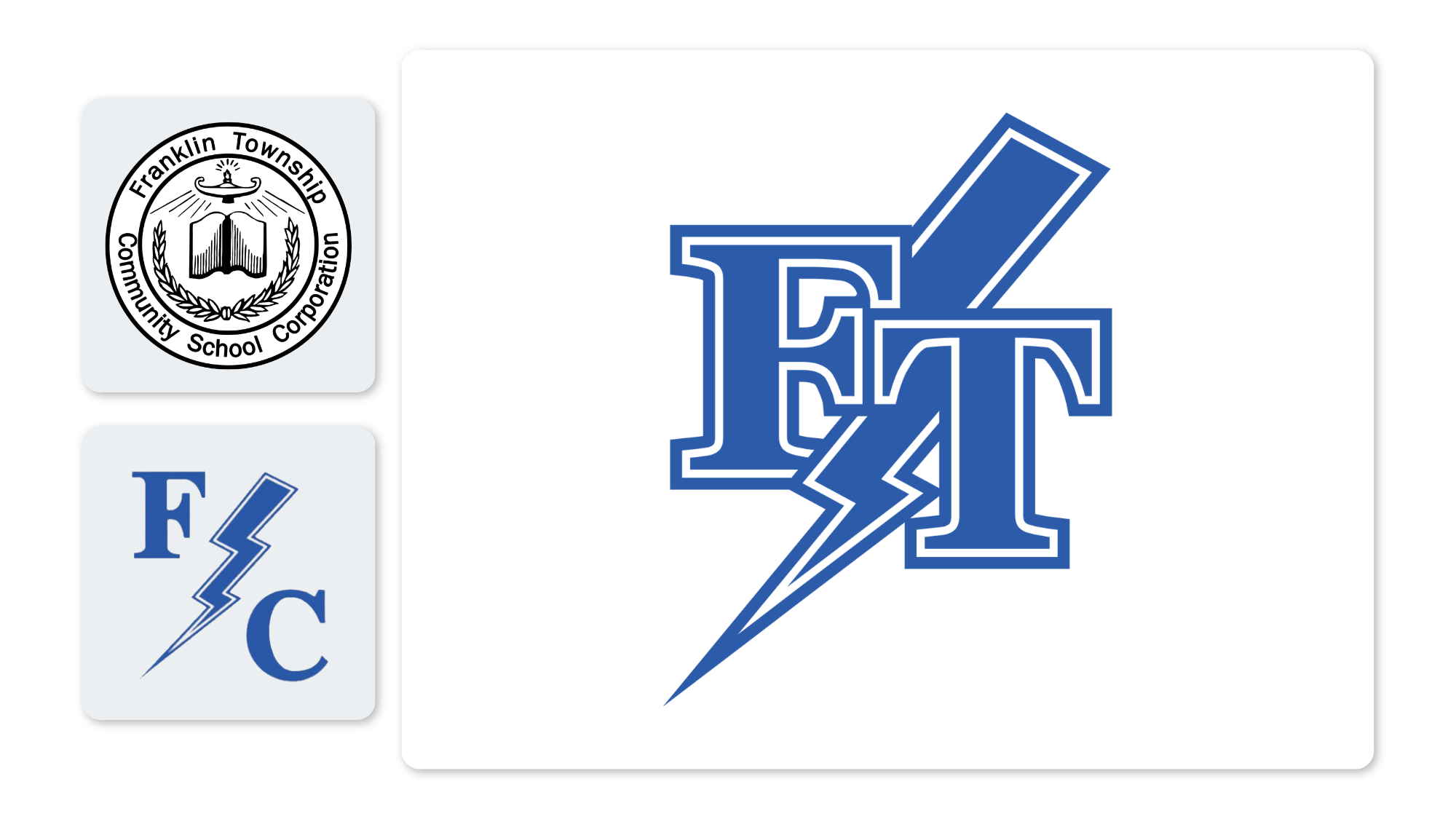 Evolution from the old district seal to the Franklin Central FC bolt to the new FT bolt monogram.