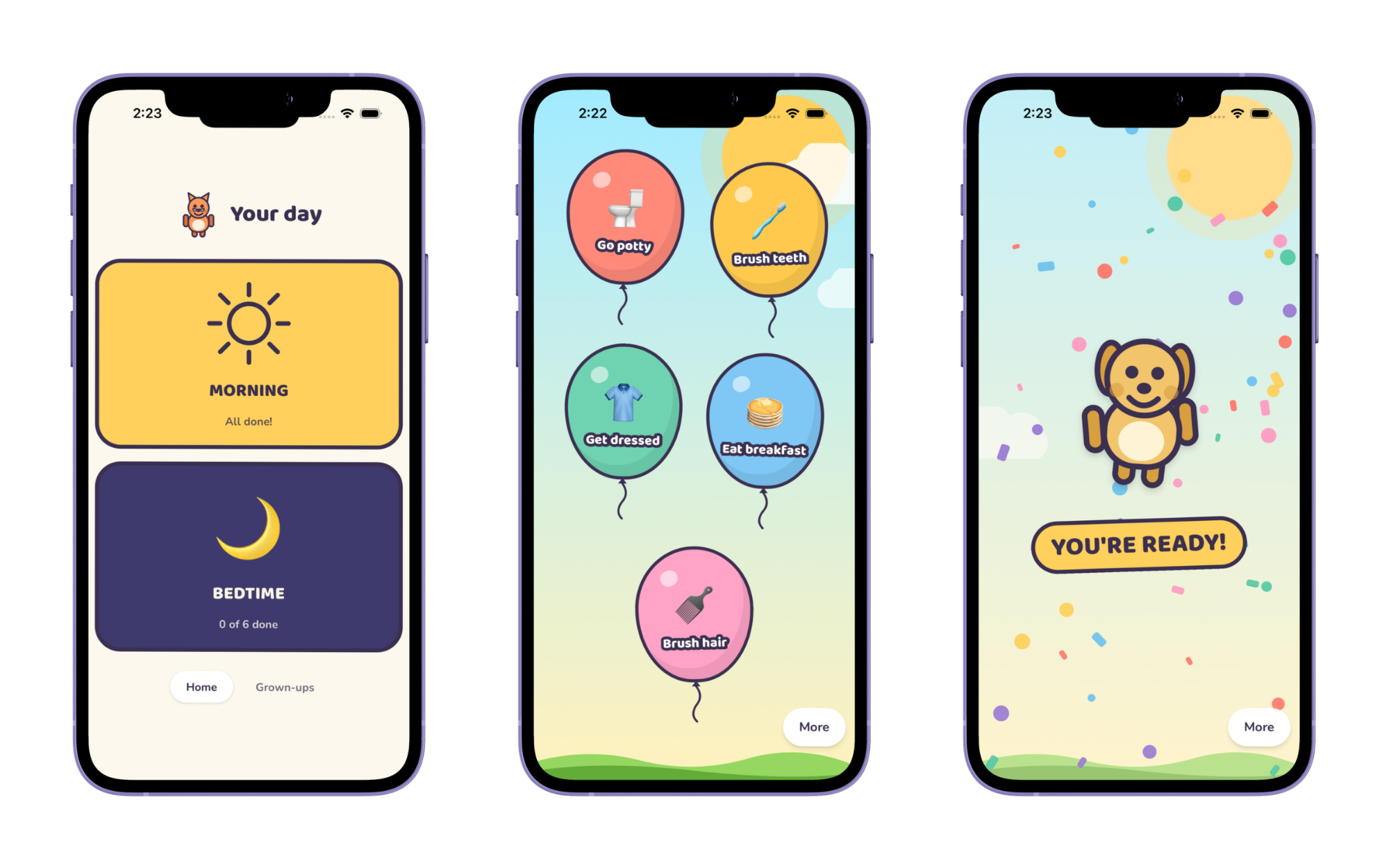 Three Ready Pop screens showing balloon tasks.