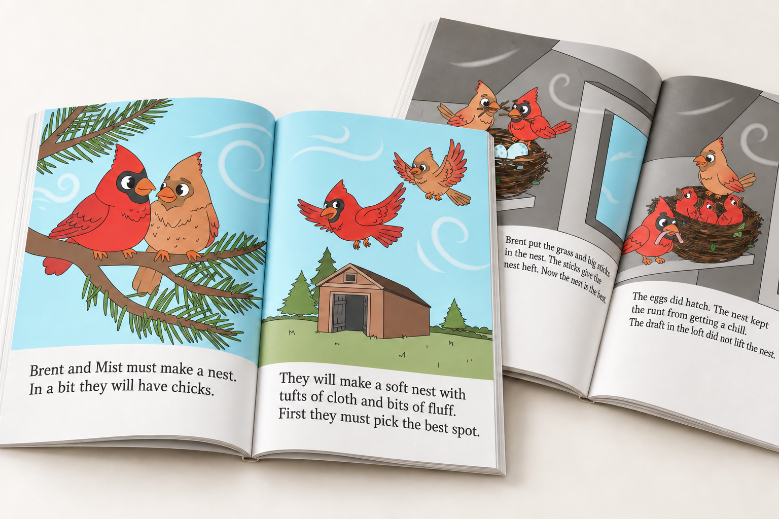 Decodable reader book spread, from sketch to final.