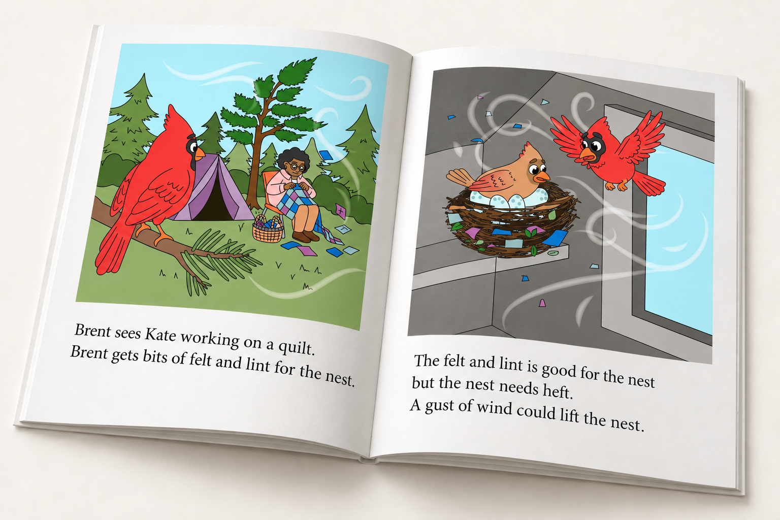 Decodable reader book spread, from sketch to final.