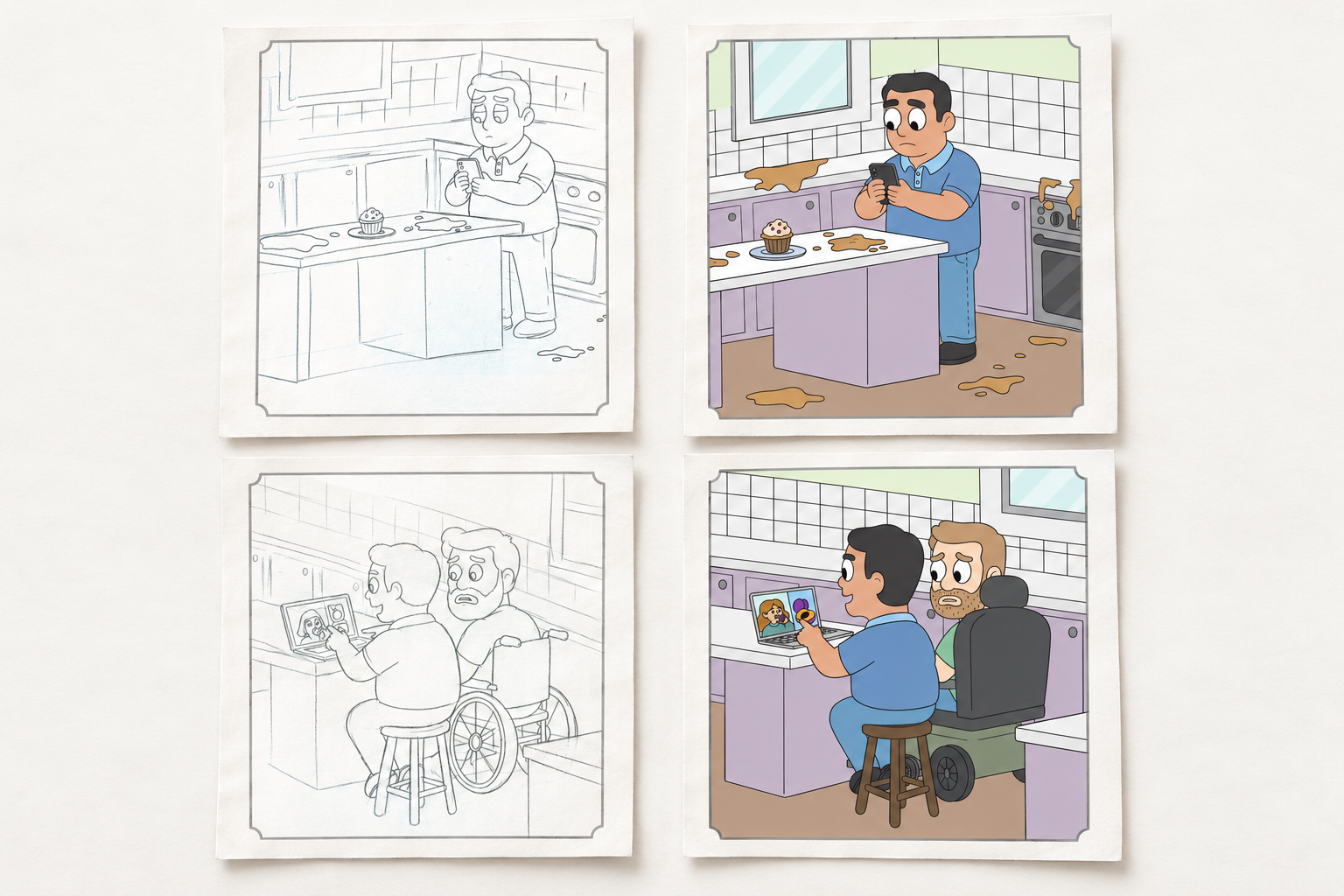 Sketch and final illustration comparison.