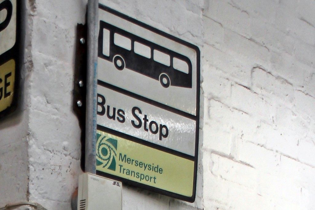 Vintage Merseyside bus stop sign, Wirral Transport Museum, Birkenhead