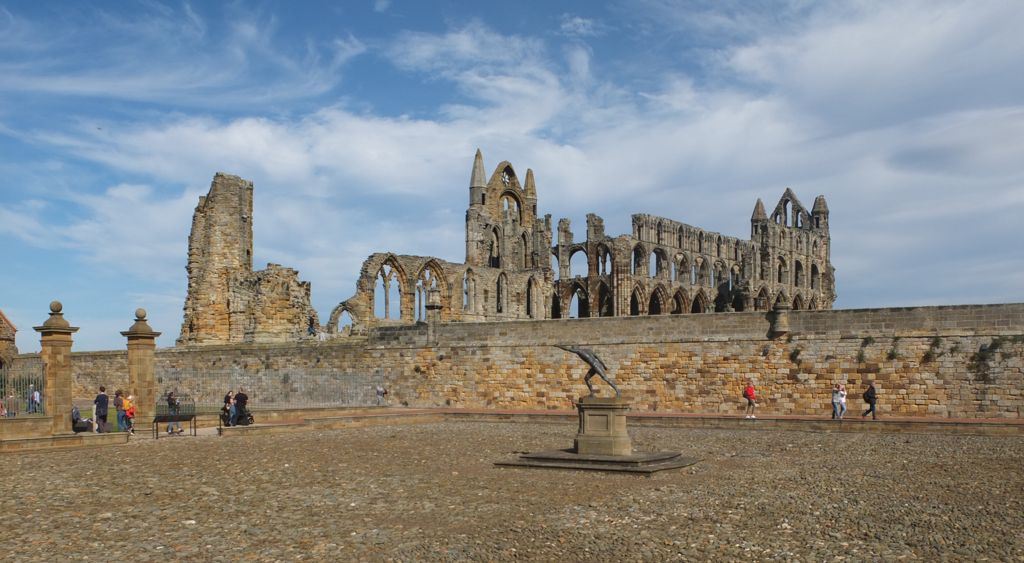 View of Whitby Abbey across courtyard of Cholmley House