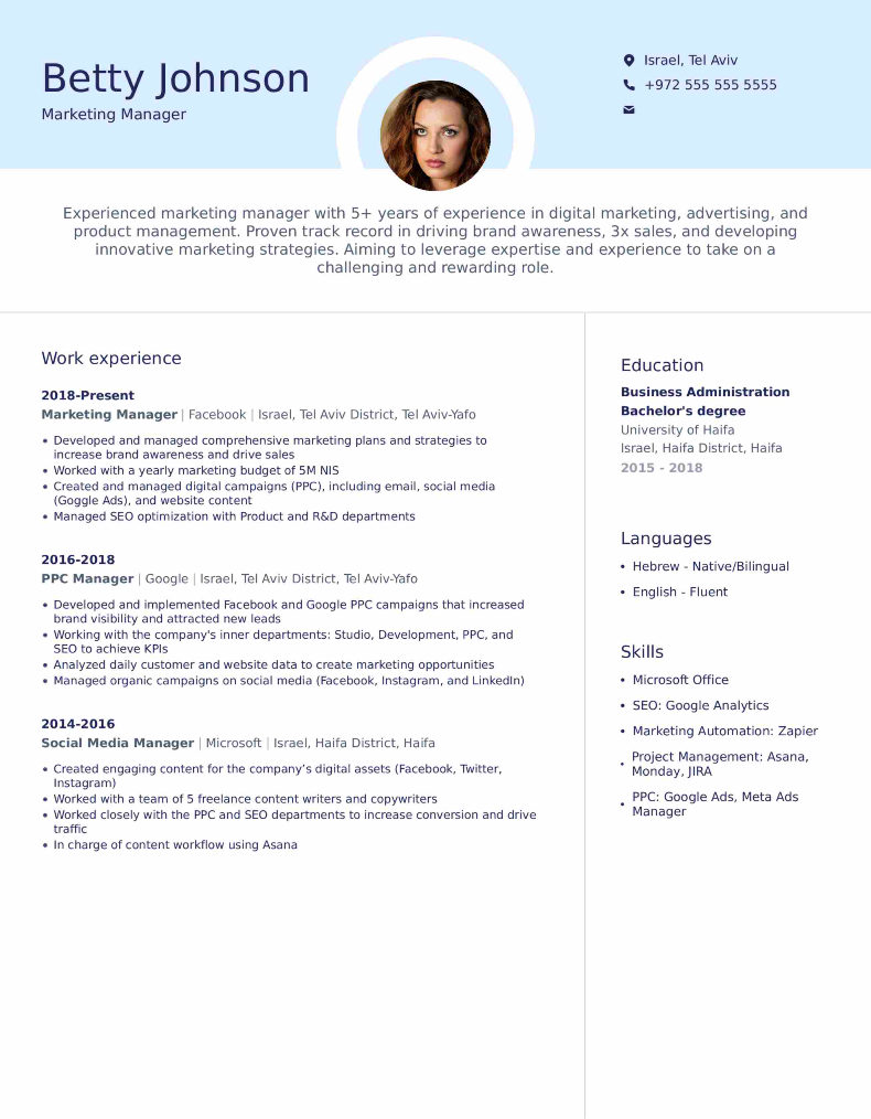 Marketing Manager CV Example