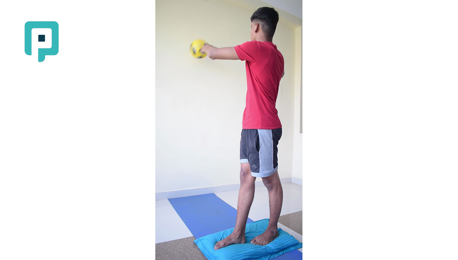 tandem standing on pillow with sideways ball tossing - beginner Lower Body exercise