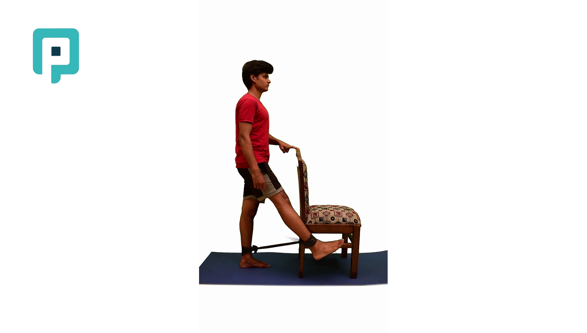 standing hip flexion with resistance band and chair support - beginner Lower Body exercise