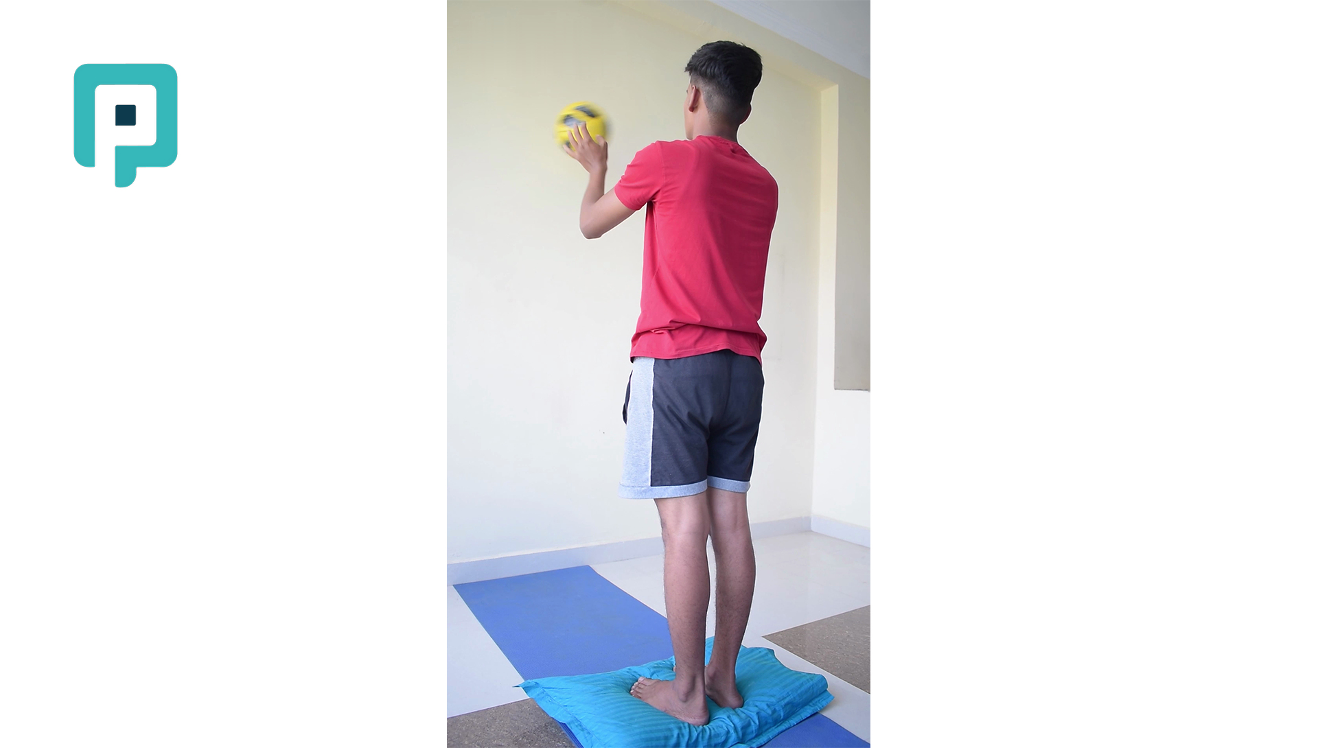 narrow stance ball toss on pillow with wall - beginner Lower Body exercise