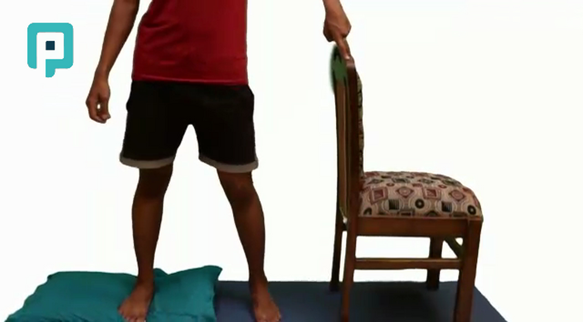 narrow stance balance on pillow with chair support - beginner Trunk exercise