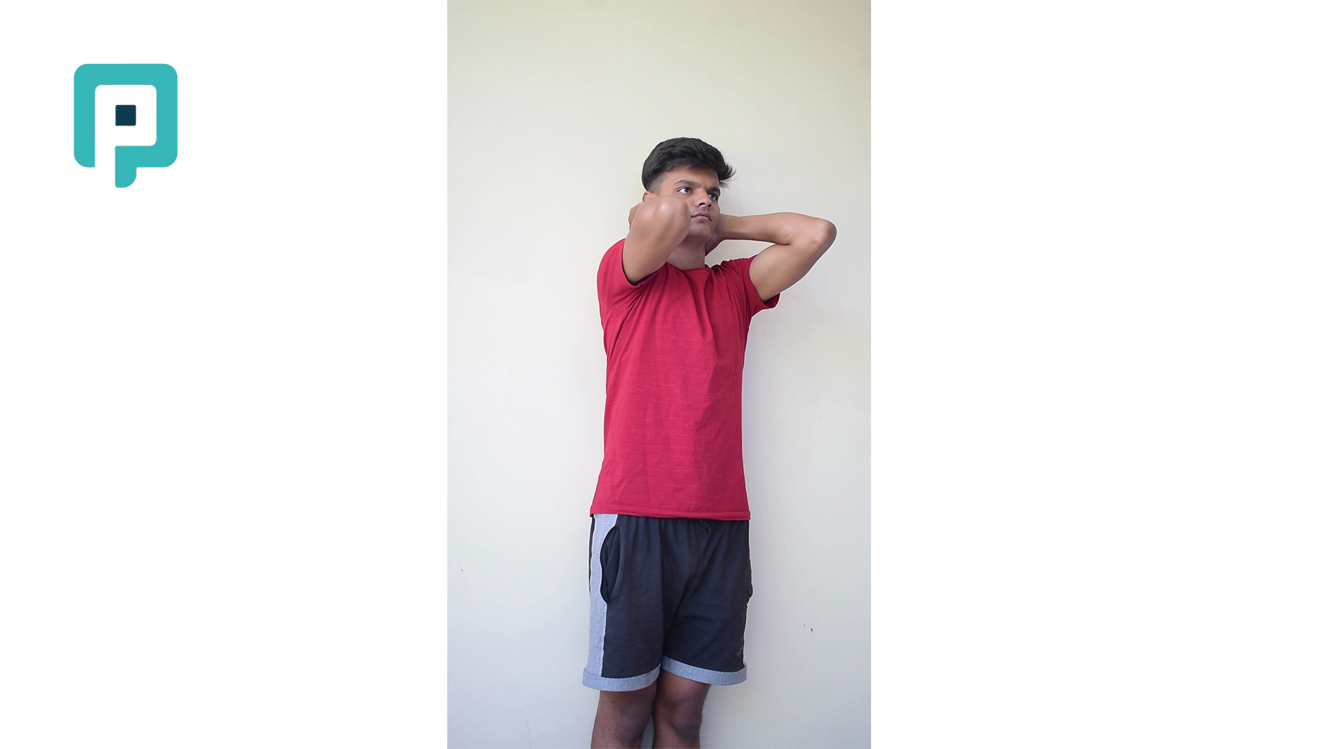 pectoral stretch with hands behind head near wall - beginner Upper Body exercise