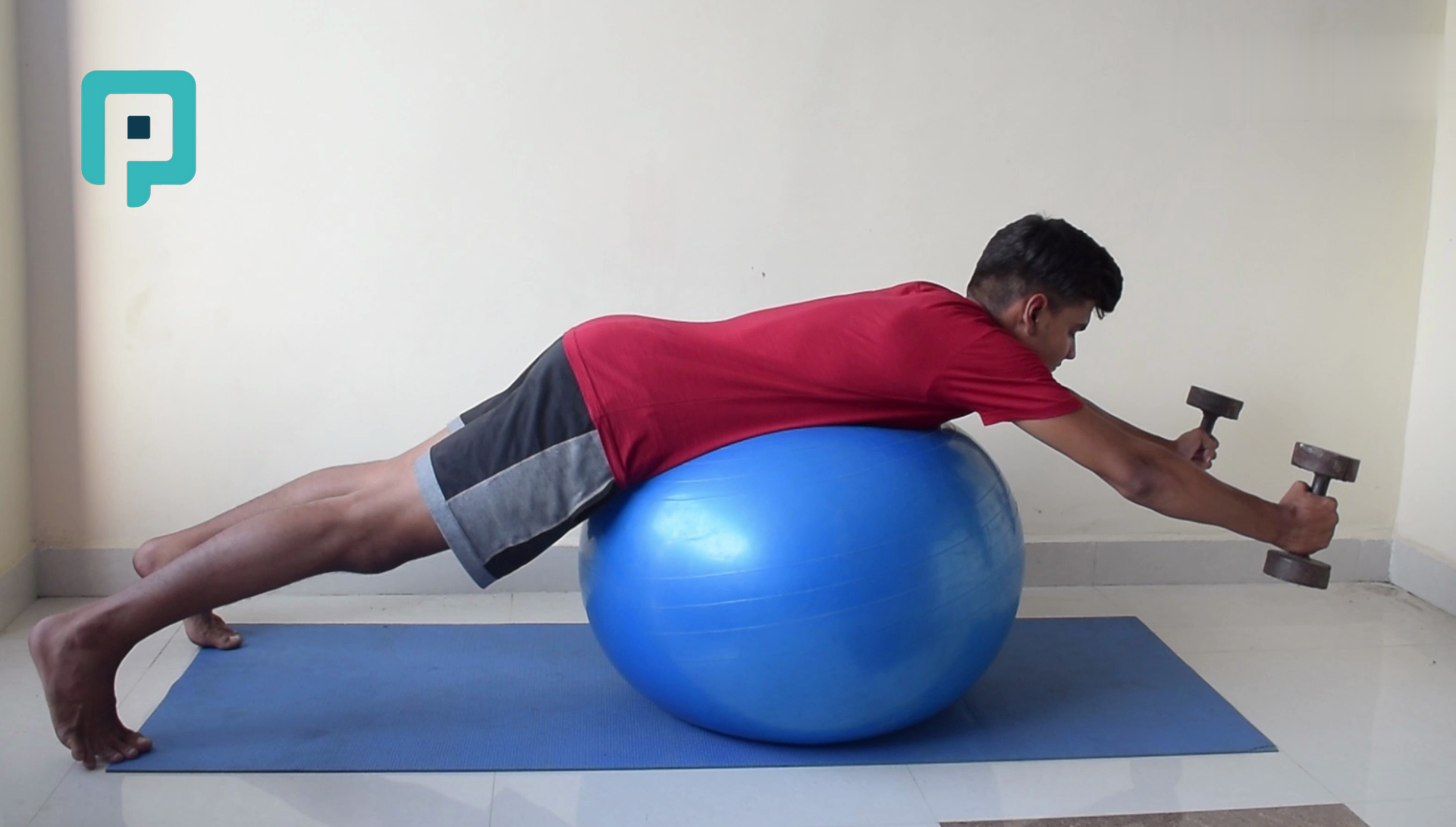prone y raise on swiss ball with dumbbell and flexed elbow - beginner Trunk exercise