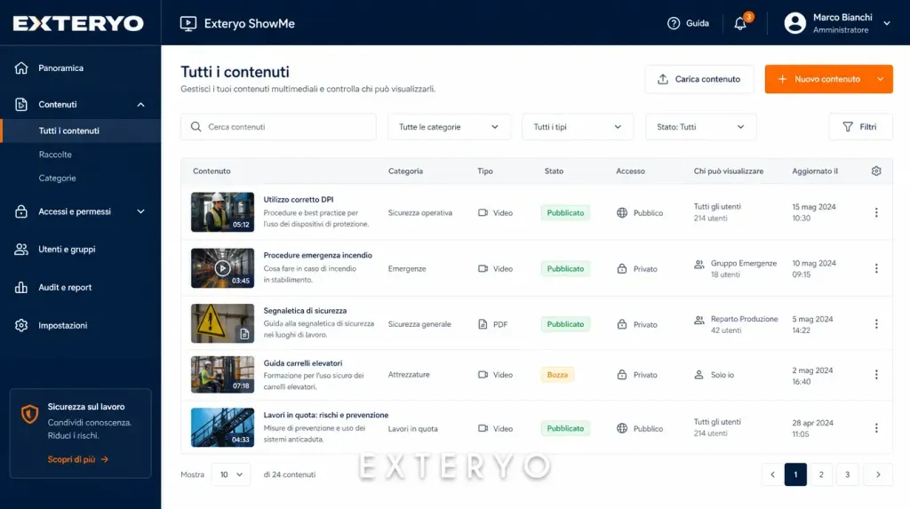 Screenshot interfaccia Exteryo ShowMe - accesso contenuti media