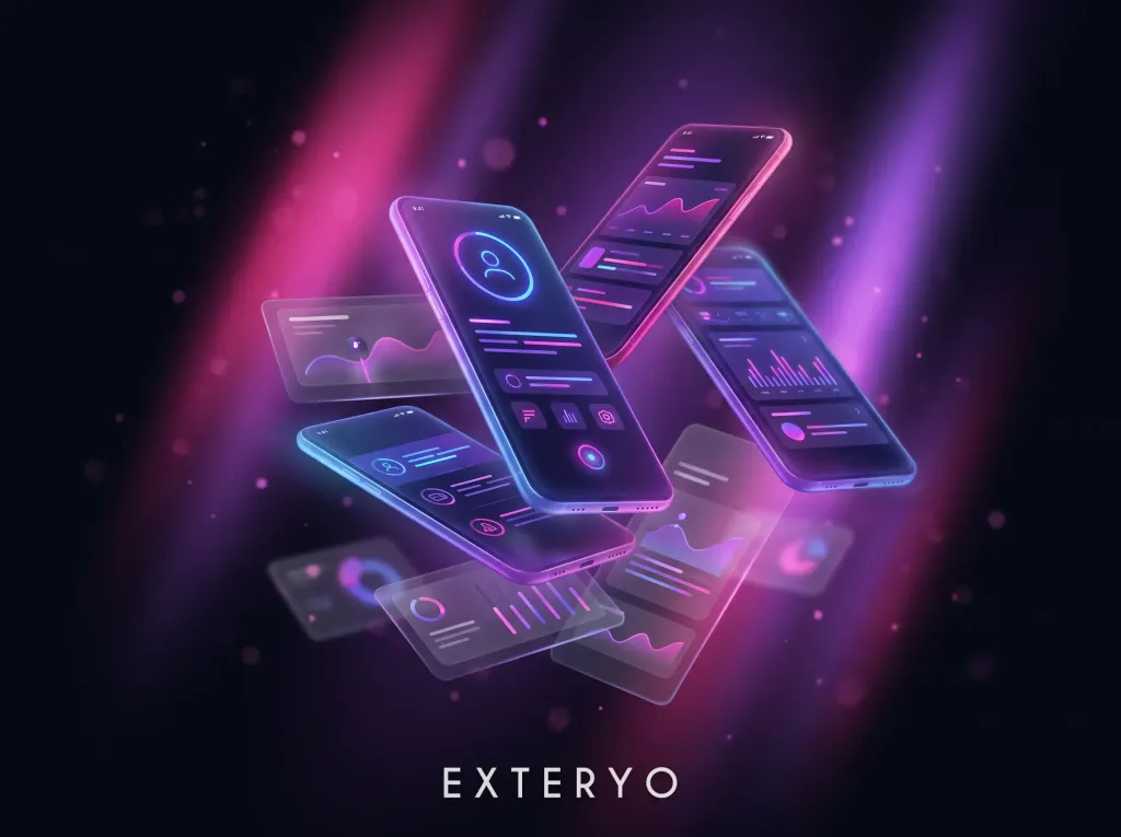 Smartphone con UI neon fluttuanti, sviluppo mobile e app