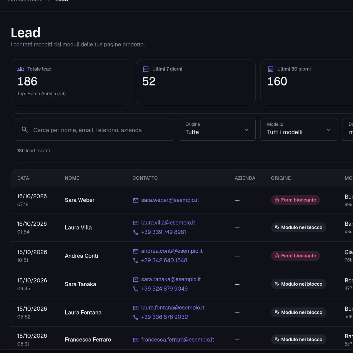 Leads manager with filters and CSV export