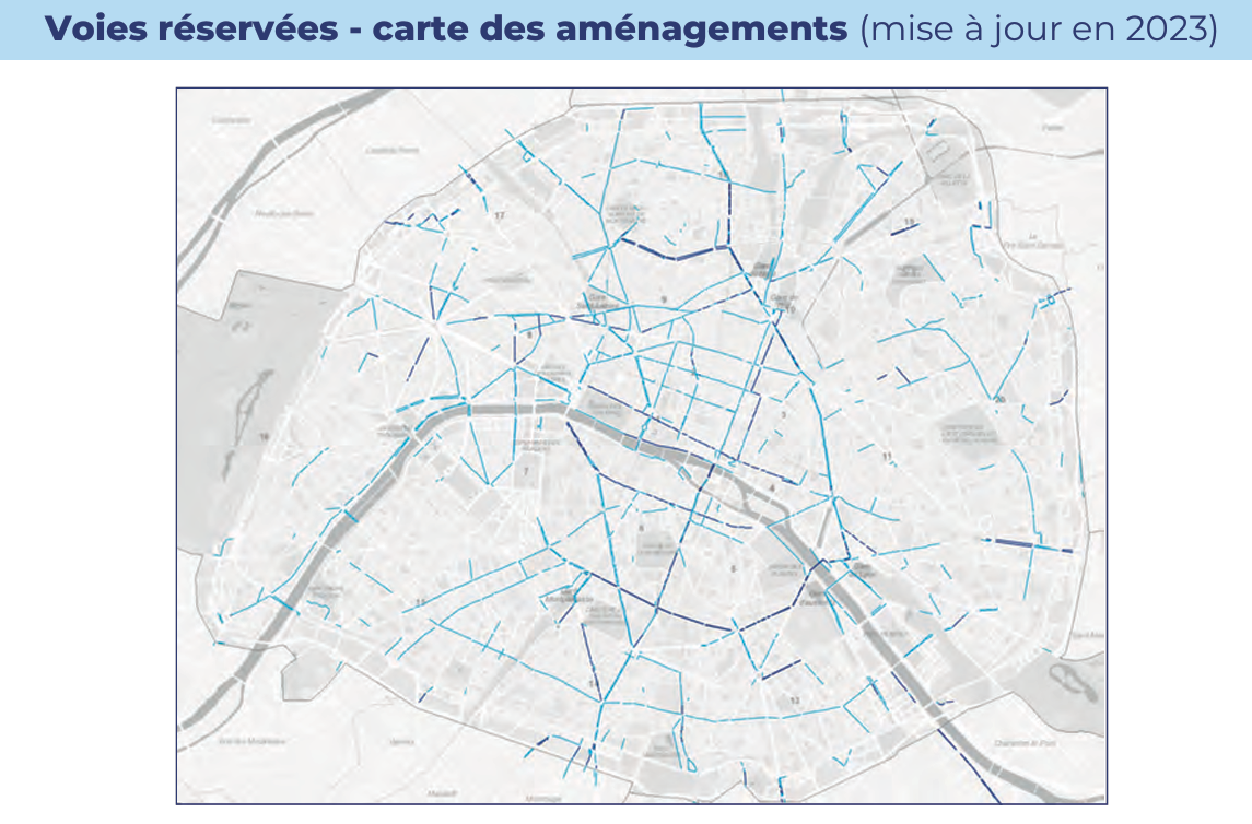 La carte des couloirs de bus tirée du bilan des déplacements 2023 à Paris / DR