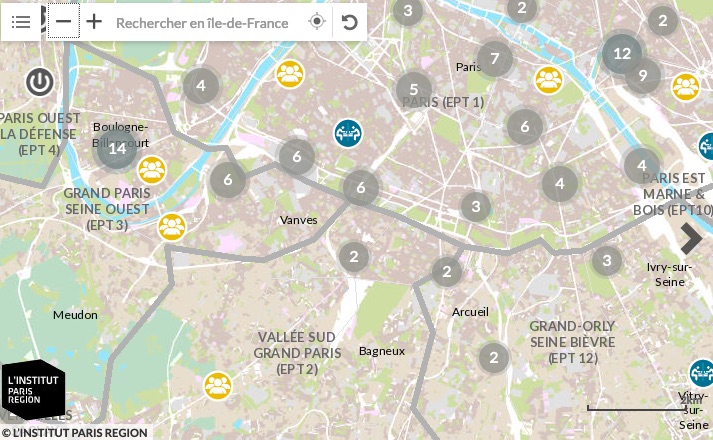 Carte des espaces de travail partagés en Île-de-France / © Institut Paris Région