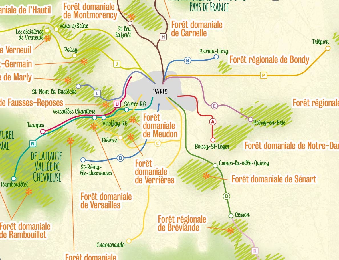 La carte des forêts d'Île-de-France accessibles en transports en commun / © Adèle Raby pour Enlarge your Paris