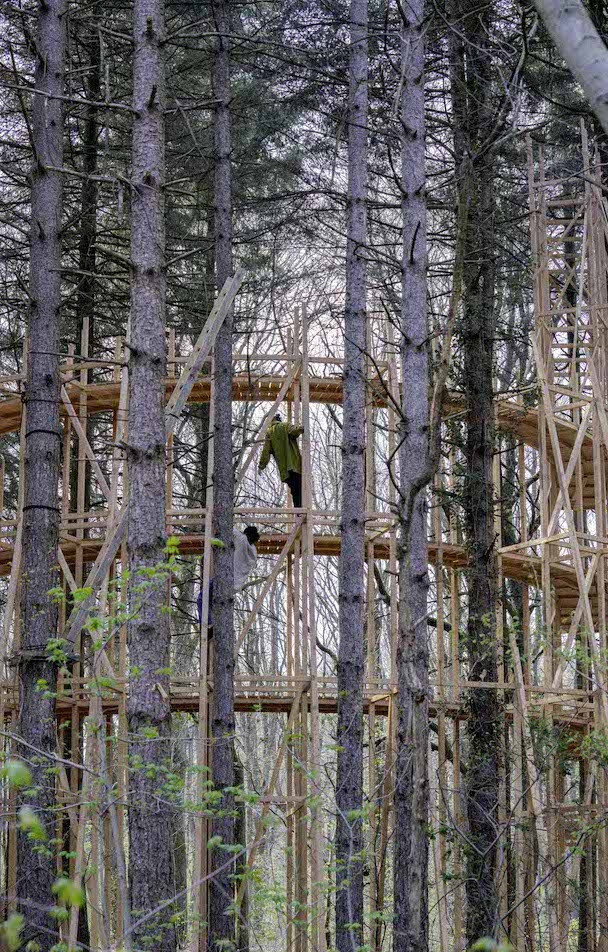 La structure du spectacle "En dessous, la forêt" a été imaginé par l'architecte Feda Wardak au milieu de la forêt de Bondy / © Natacha Gonzales