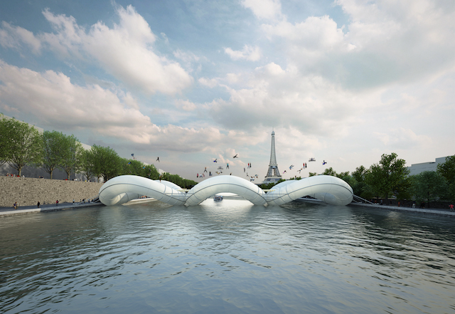 Pont-trampoline enjambant la Seine à Paris imaginé par l'agence AZC / © AZC Architectes